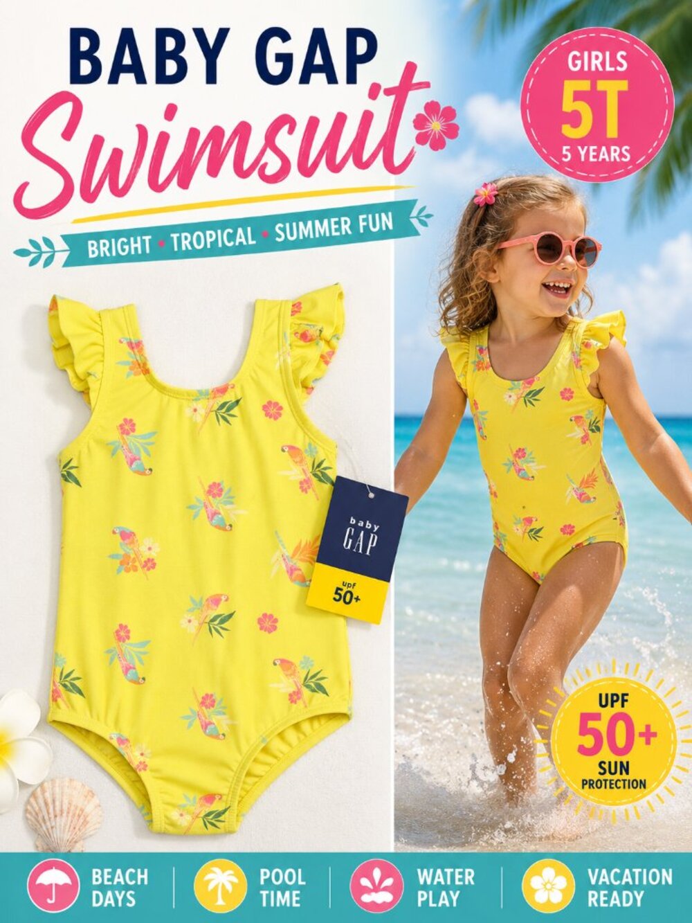 Baby Gap Tropical Parrot One Piece Swimsuit UPF 50+ Girls 5T Yellow